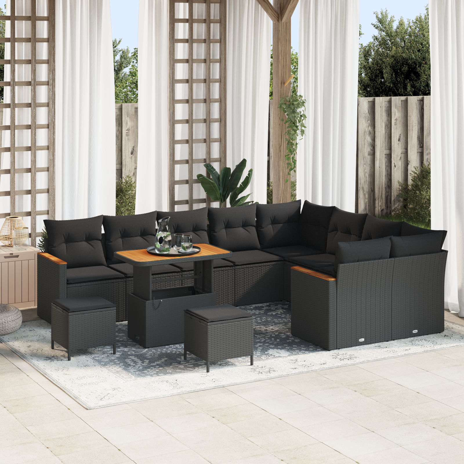 12 dalių sodo sofa komplektas su pagalvėmis Juodas poli ratanas akacijos mediena