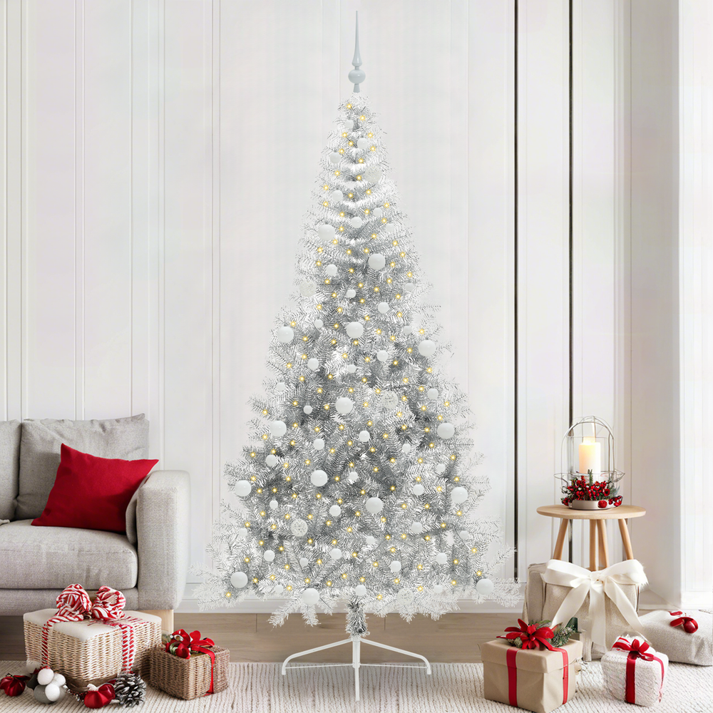 Artificial Pre-Lit Christmas Tree with Lights Silver 240 cm PET