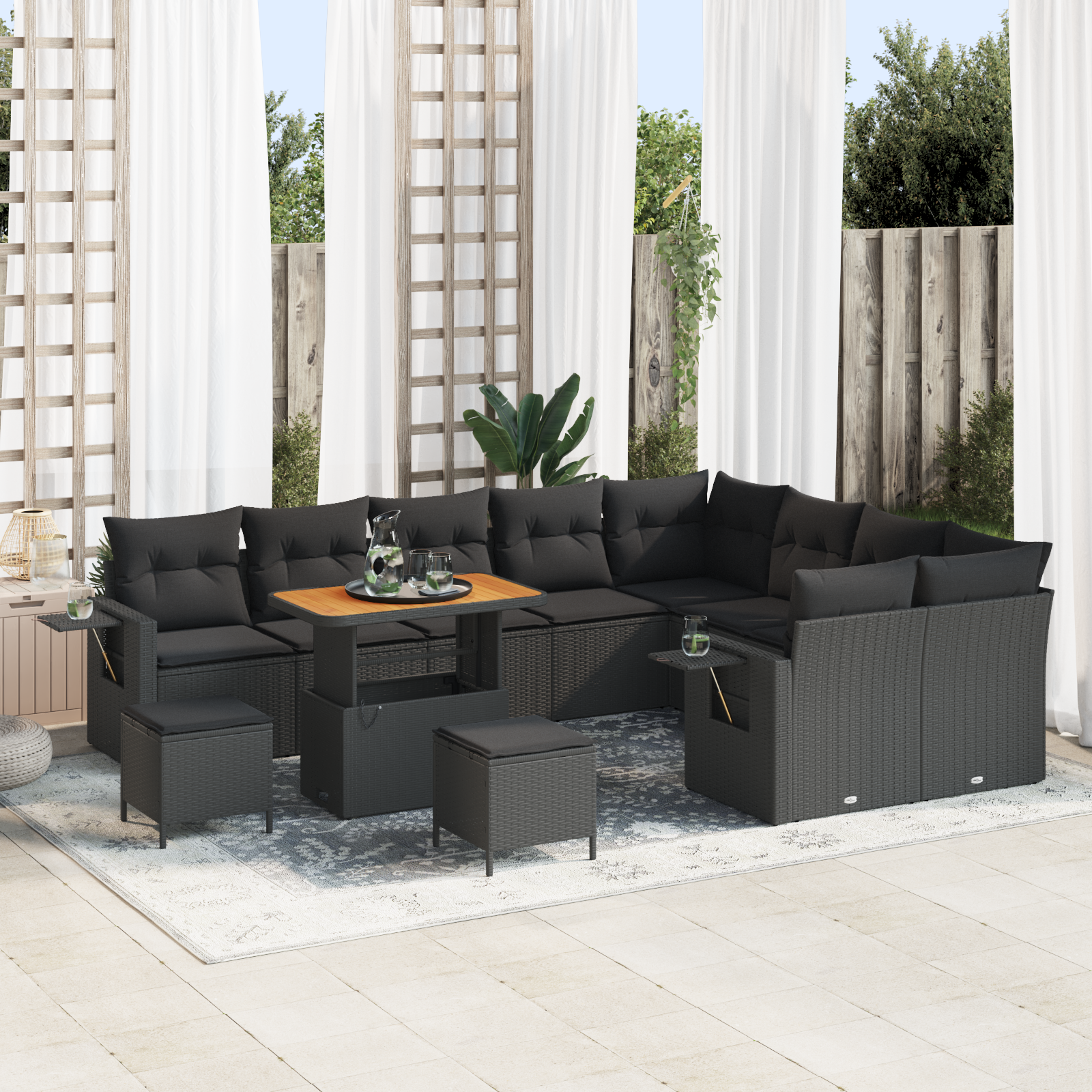 12 dalių Sodo Sofa Komplektas su Pagalvėlėmis Juodas Poli Ratanas Akacija