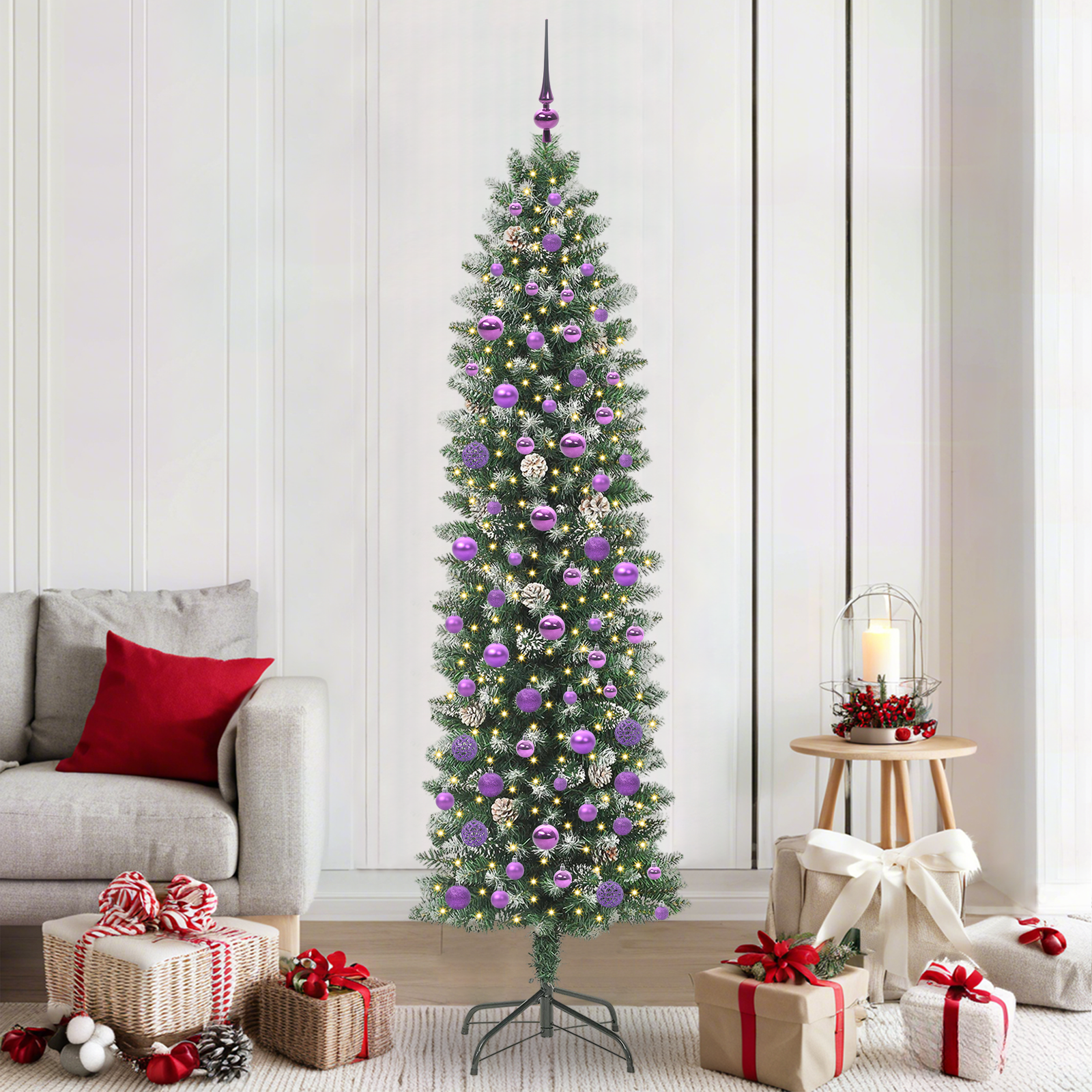 Mākslīgā šaurā Ziemassvētku egle ar 300 LED zaļā un baltā krāsā 210 cm