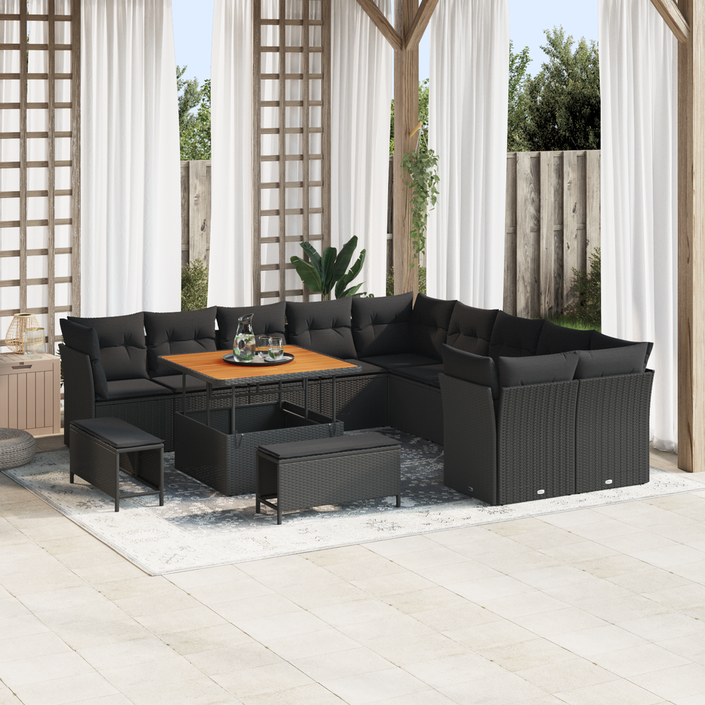 13-Piece Garden Sofa Set with Cushions Black Poly Rattan Acacia