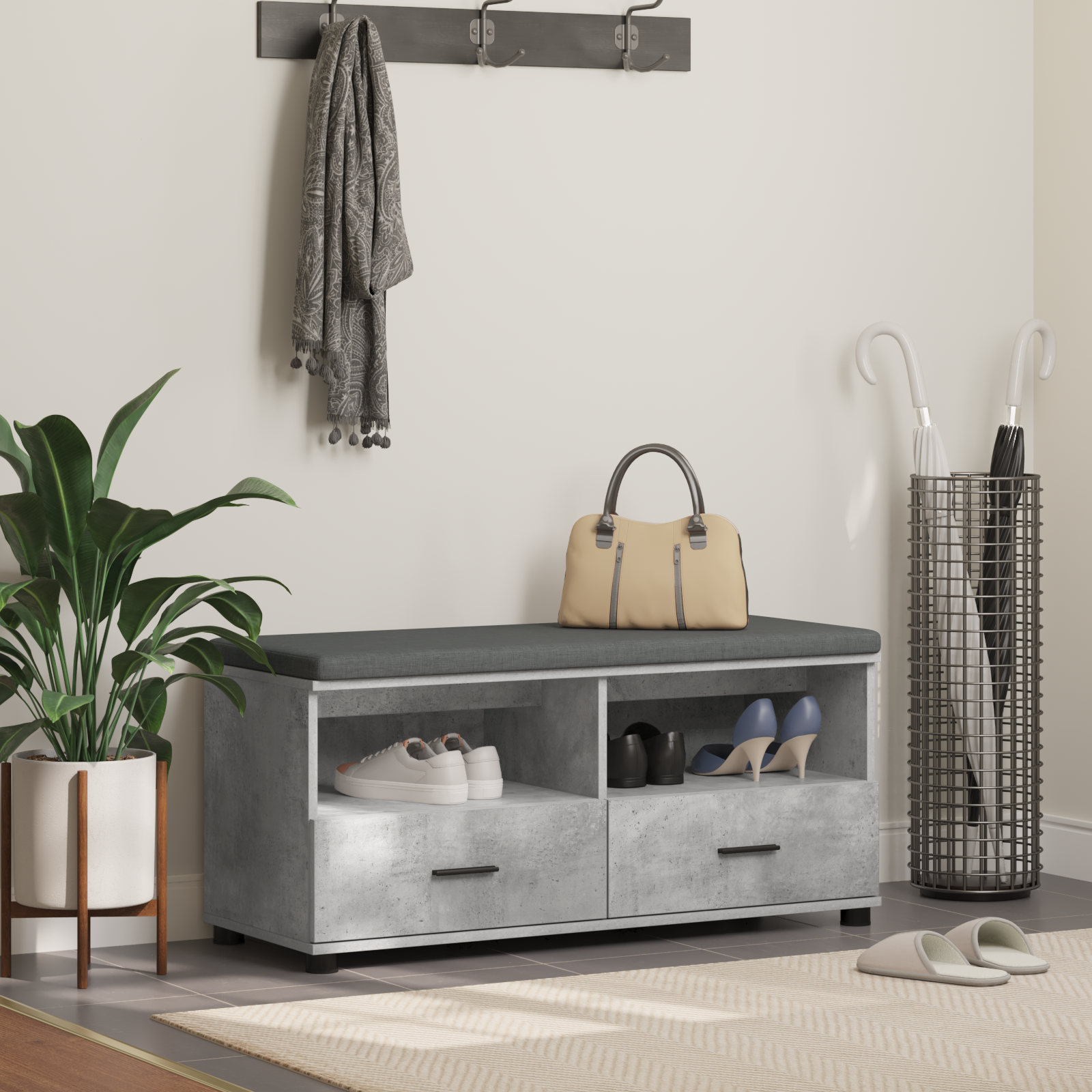 Koridoriaus suolas su pagalve Betono pilka 100 x 38 x 46 cm