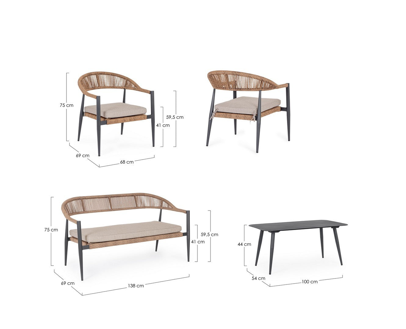 Lauko baldų komplektas JANDIA ANTHRACITE/NATURAL, 4 dalių