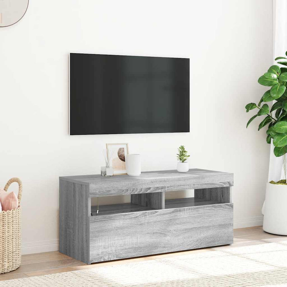 TV spintelė su LED apšvietimu, pilka ąžuolo, 90x35x40cm