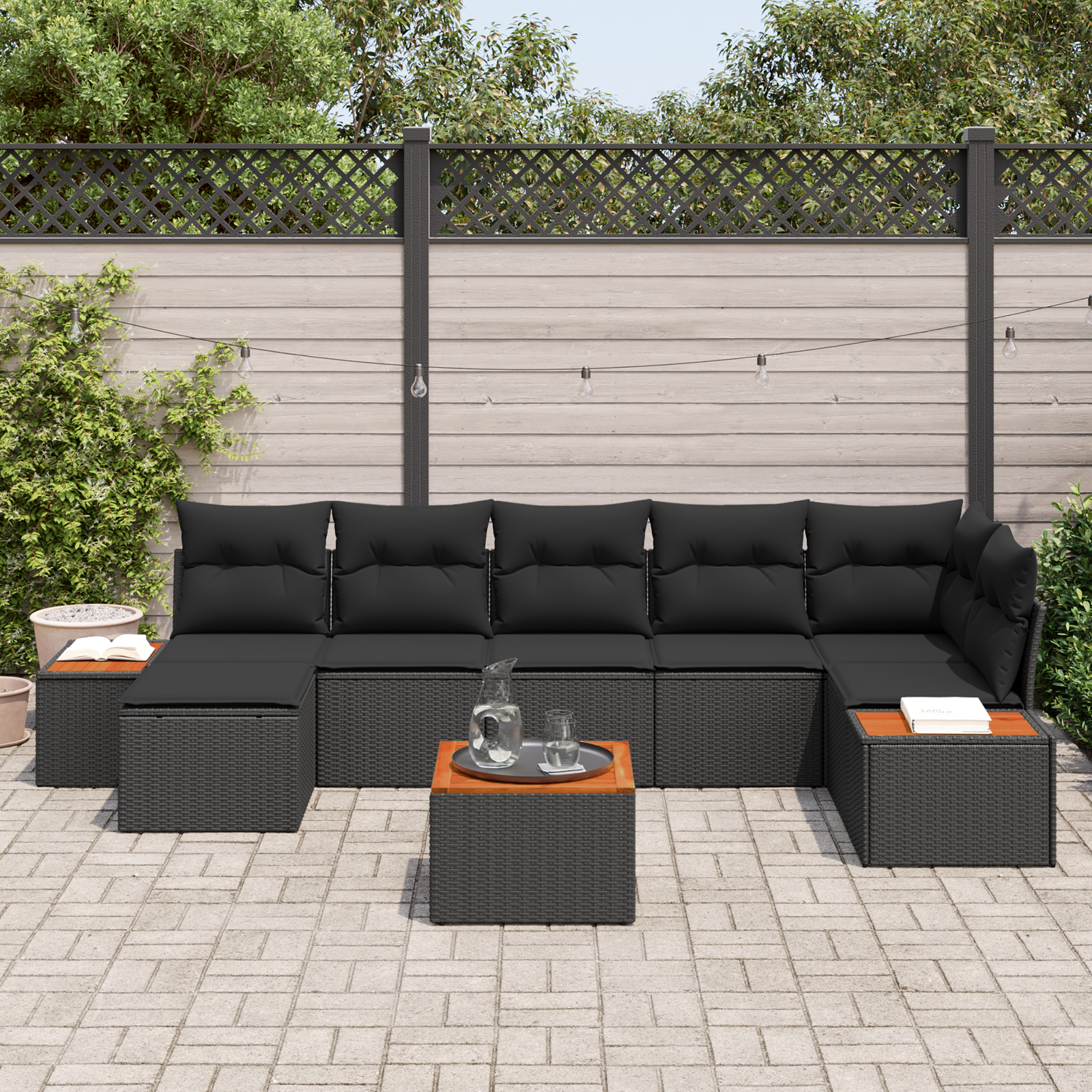 Sodo Sofų Rinkinys su pagalve 8 pcs Juoda Poliratanas