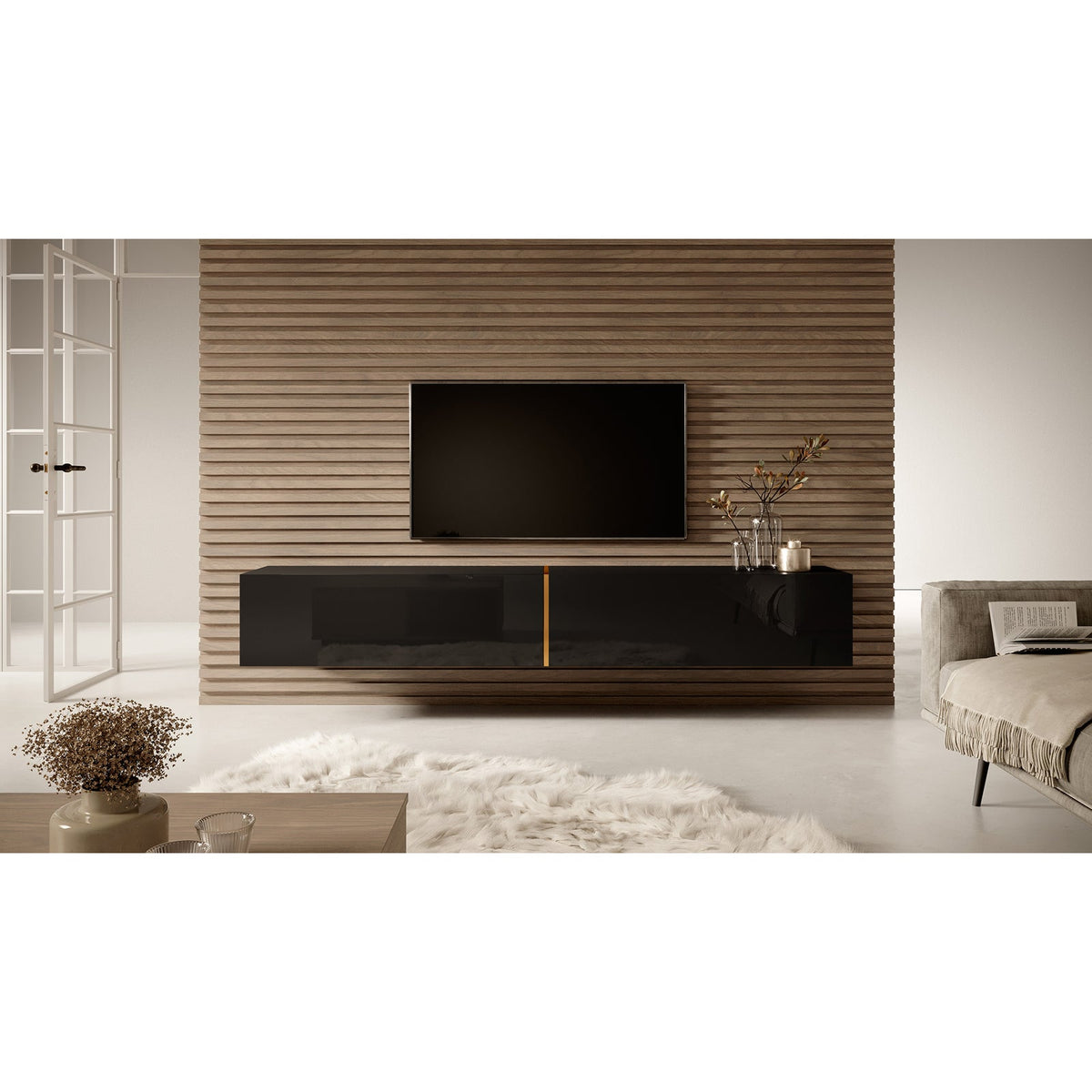 TV spintelė FREJA, 200 cm, juoda+auksinė