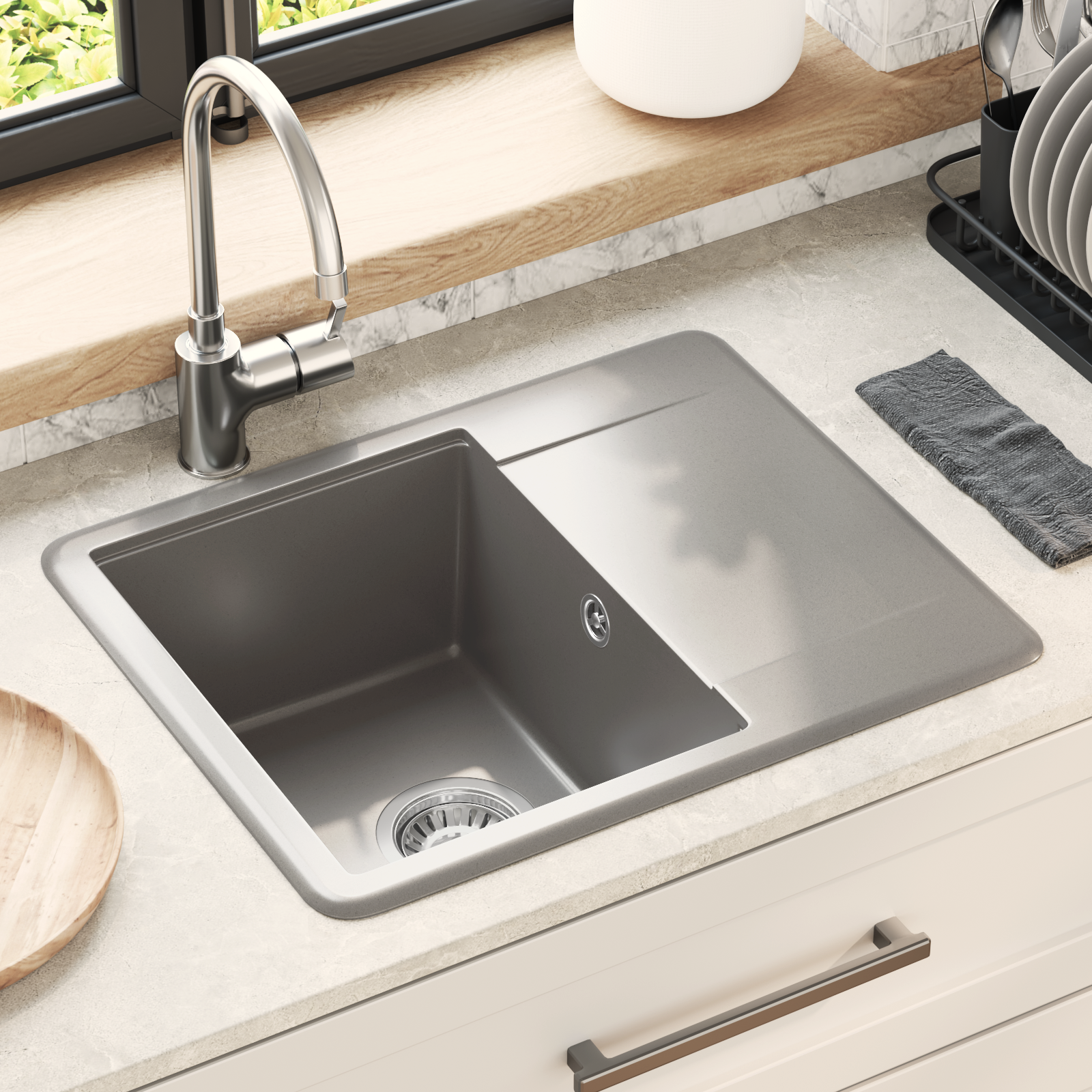 Kriauklė Pilka 560 x 460 mm 80% Kvarcas ir 20% Derva