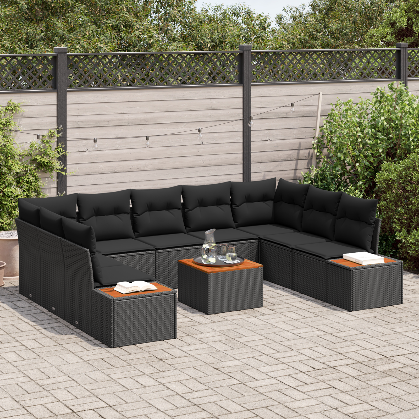 Sodo Sofų Rinkinys su pagalve 5 pcs Juoda Poliratanas