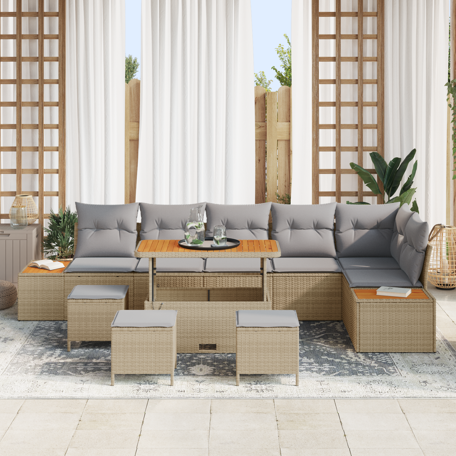 10 dalių sodo sofa komplektas su pagalvėlėmis smėlio poli ratanas akacija