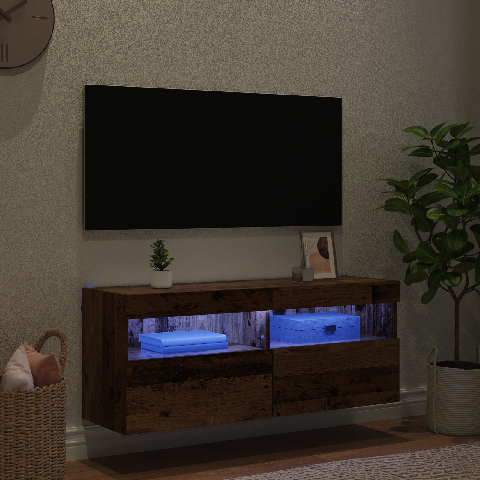 TV sieninė spintelė su LED Senovinis medis 100 x 30 x 40 cm