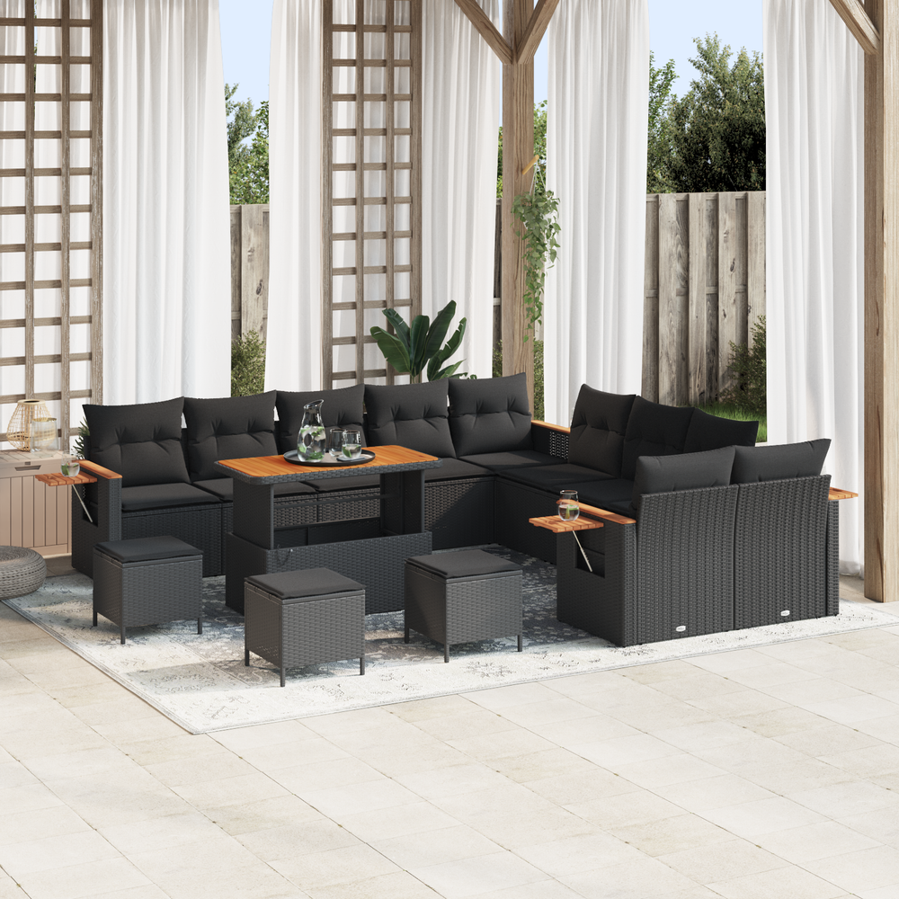 14-Piece Garden Sofa Set with Cushions Black Poly Rattan Acacia