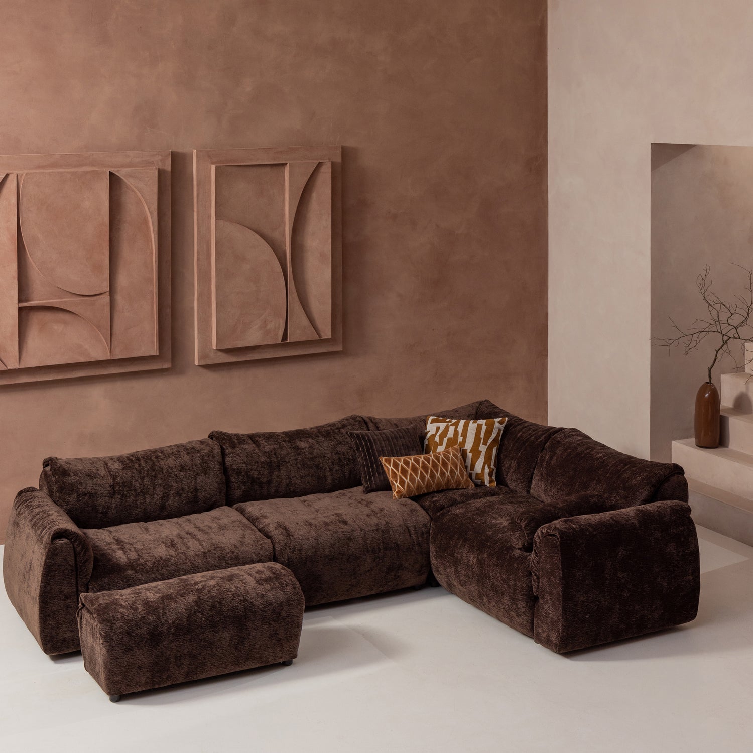 Kampinė sofa BAGGY, dešinė, 3D šenilo audinys, tamsiai ruda spalva