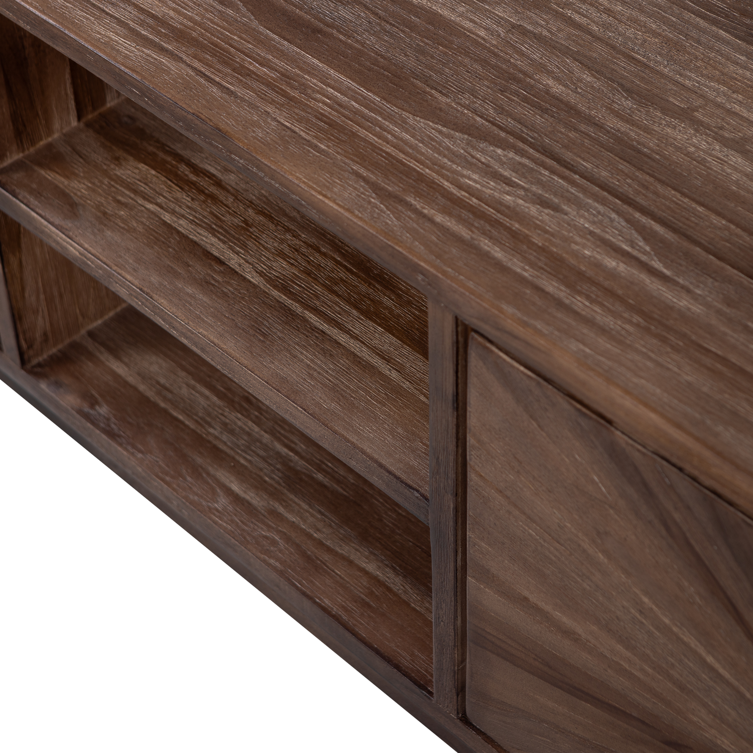 TV spintelė SUN su atviru skyriumi, perdirbta tikmedžio mediena, ruda