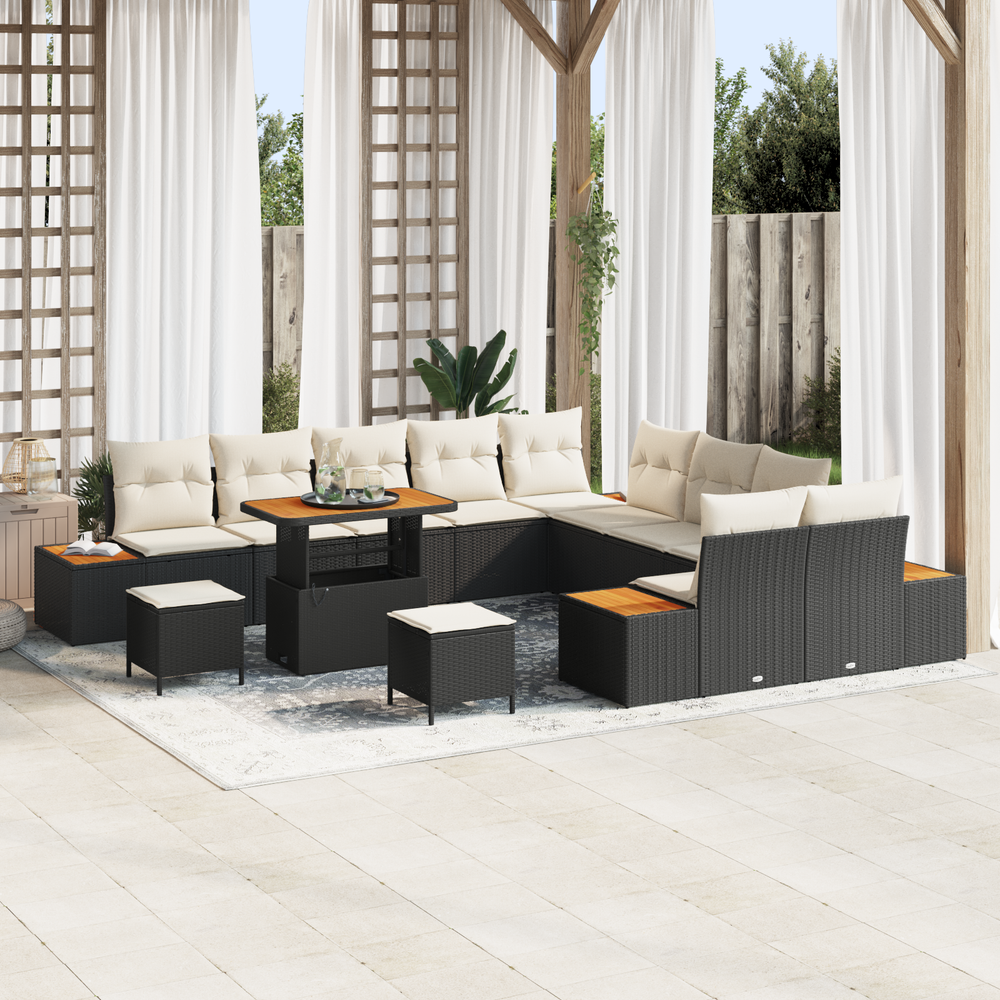 13-Piece Garden Sofa Set with Cushions Black Polyrattan Acacia