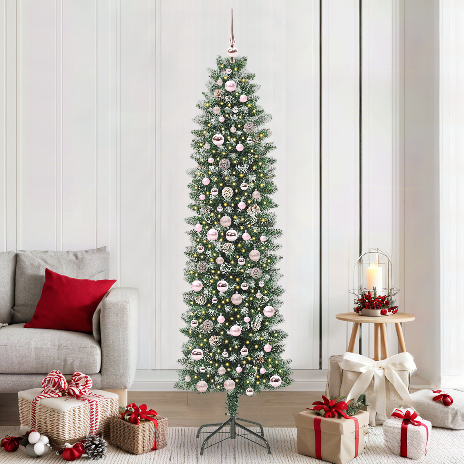 Mākslīgā šaurā Ziemassvētku egle ar 300 LED zaļā un baltā krāsā 210 cm