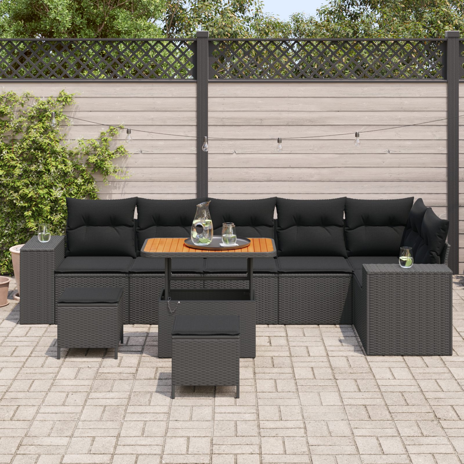 Sodo Sofų Rinkinys su pagalve 9 pcs Juoda poliratanas