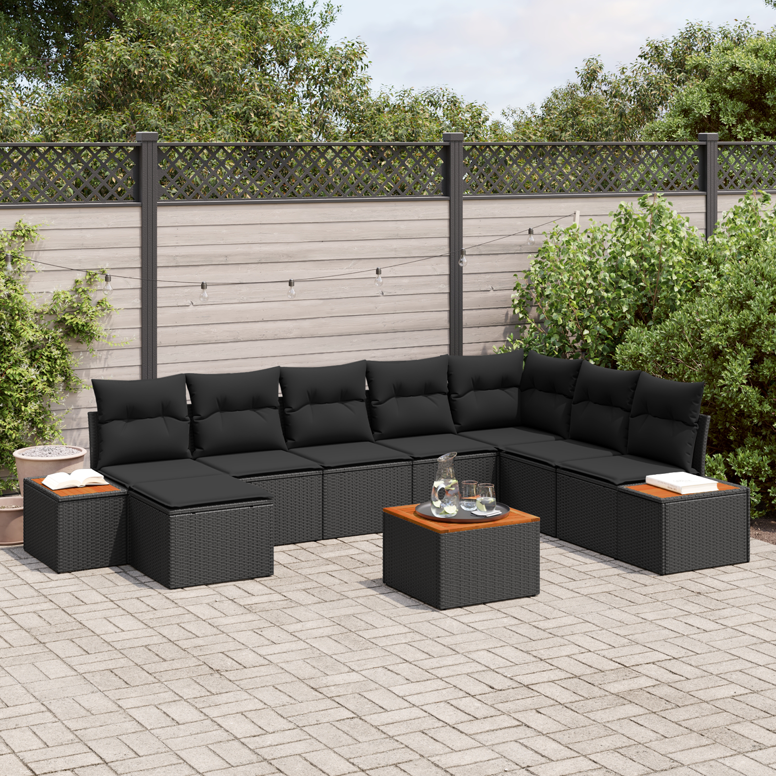 Sodo Sofų Rinkinys su pagalve 9 pcs Juoda Poliratanas