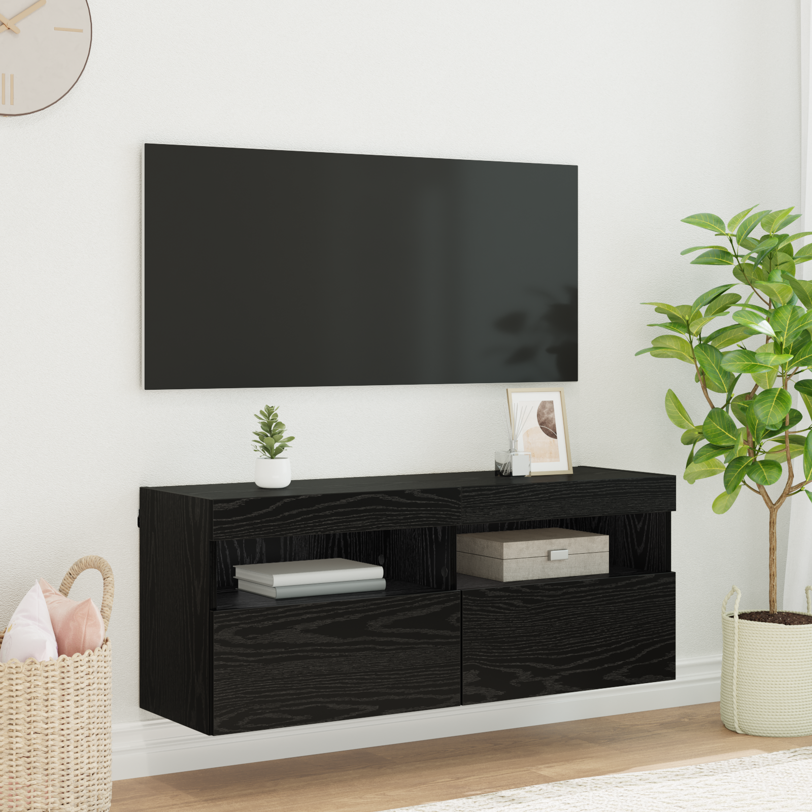 TV sieninė spintelė su LED Juodas ąžuolas 100 x 30 x 40 cm