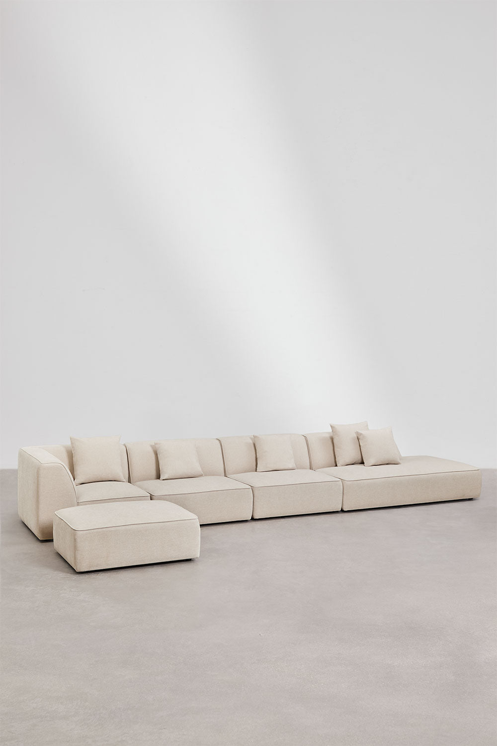 Kampinė sofa KARDENA, kreminis šenilas, dešinė, 4 d. + pufas