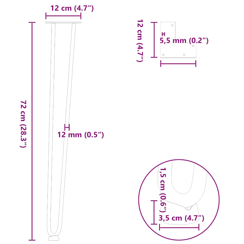4 konsolinių stalų kojelės, 72 cm, natūralus plienas, masyvas - Namų Idėja