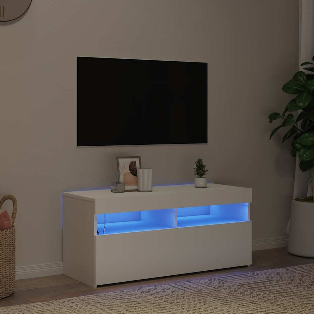 Televizoriaus spintelė su LED apšvietimu, balta, 90x35x40cm