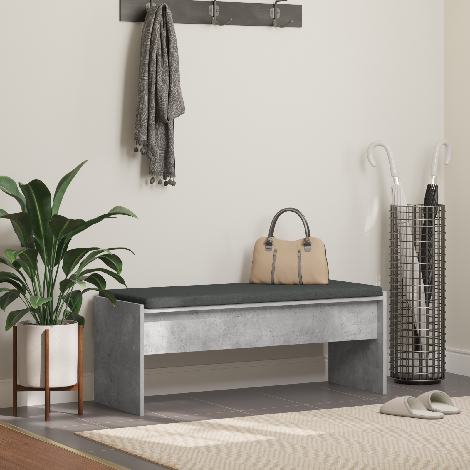 Koridoriaus suolas su pagalve Betono pilka 100 x 38 x 46 cm
