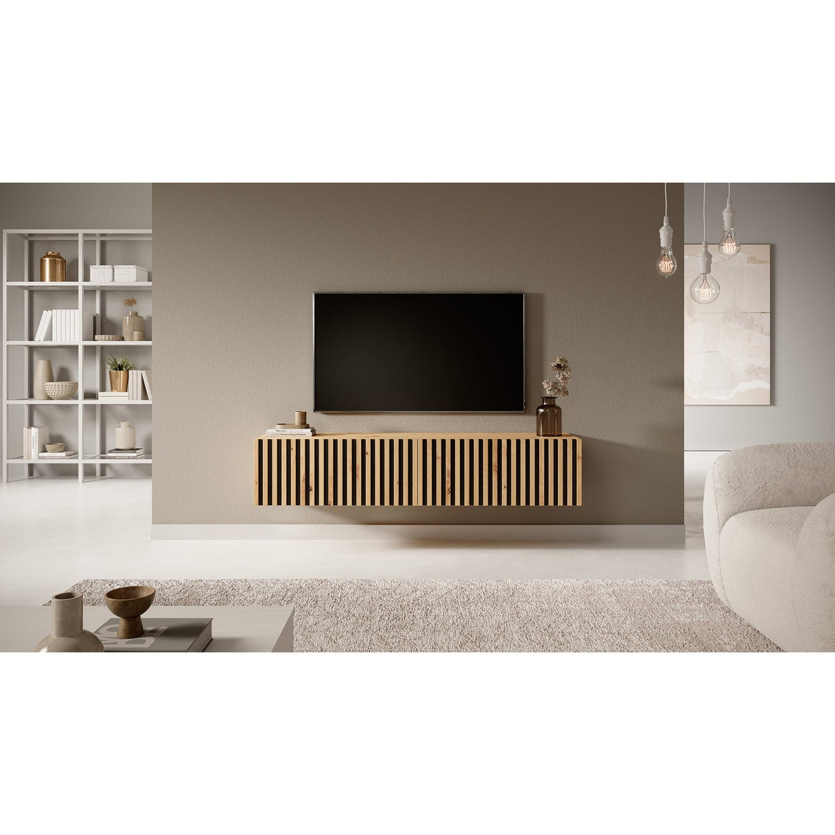 TV spintelė LORCAN, 138,6 cm, ąžuolas+juoda