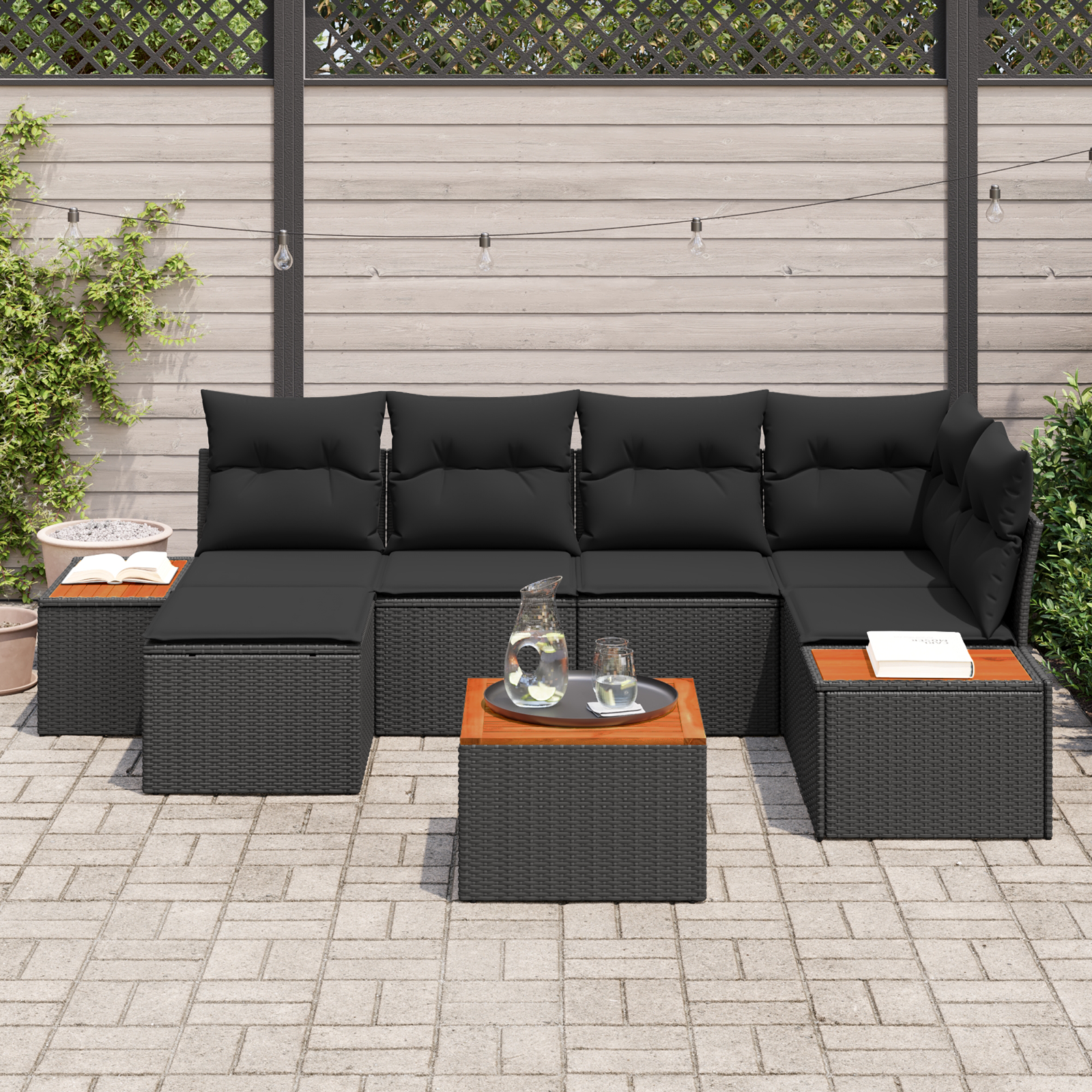 7 dalių sodo sofa komplektas su pagalvėmis juodas poliratanas akacija