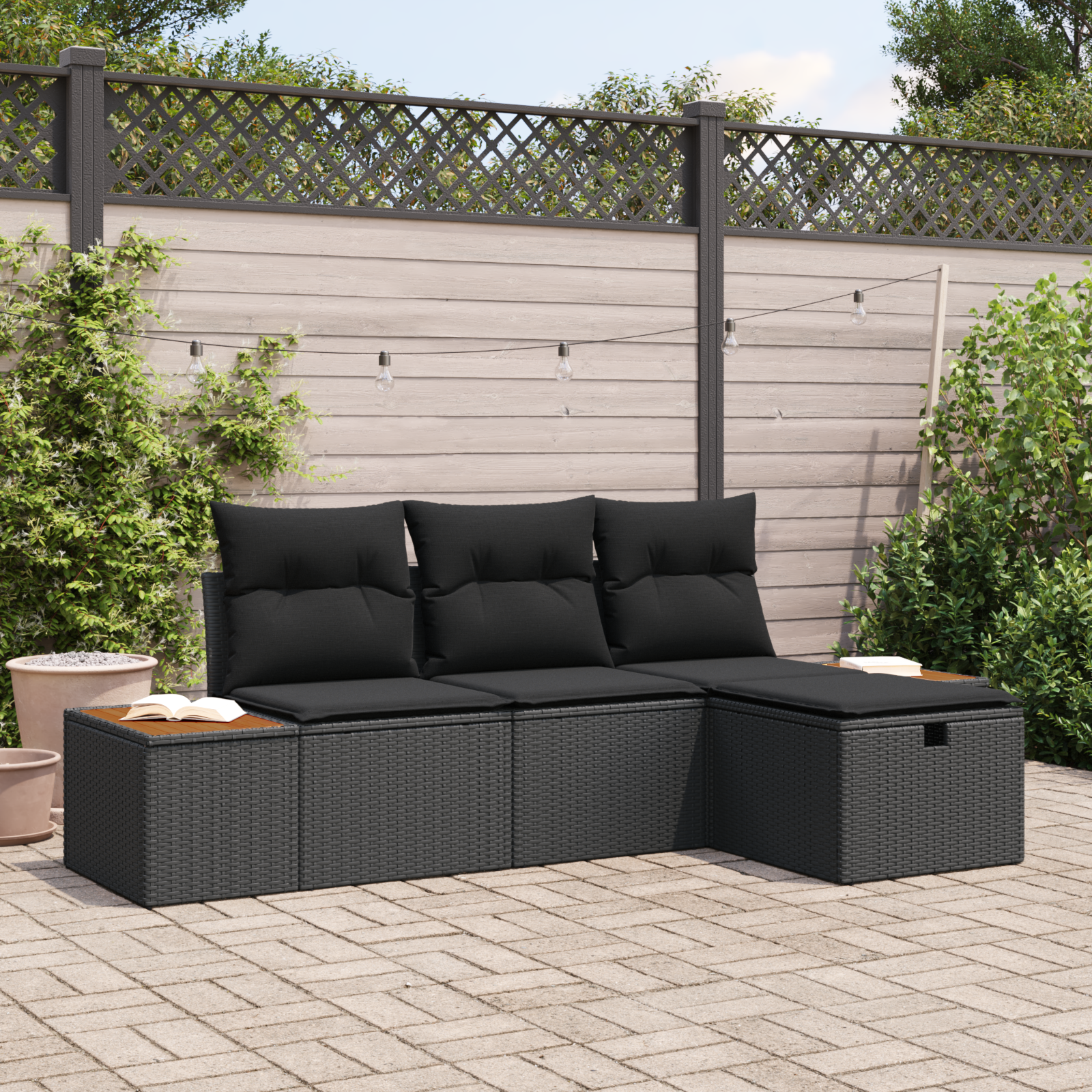 Sodo Sofų Rinkinys su pagalve 4 pcs Juoda poliratanas