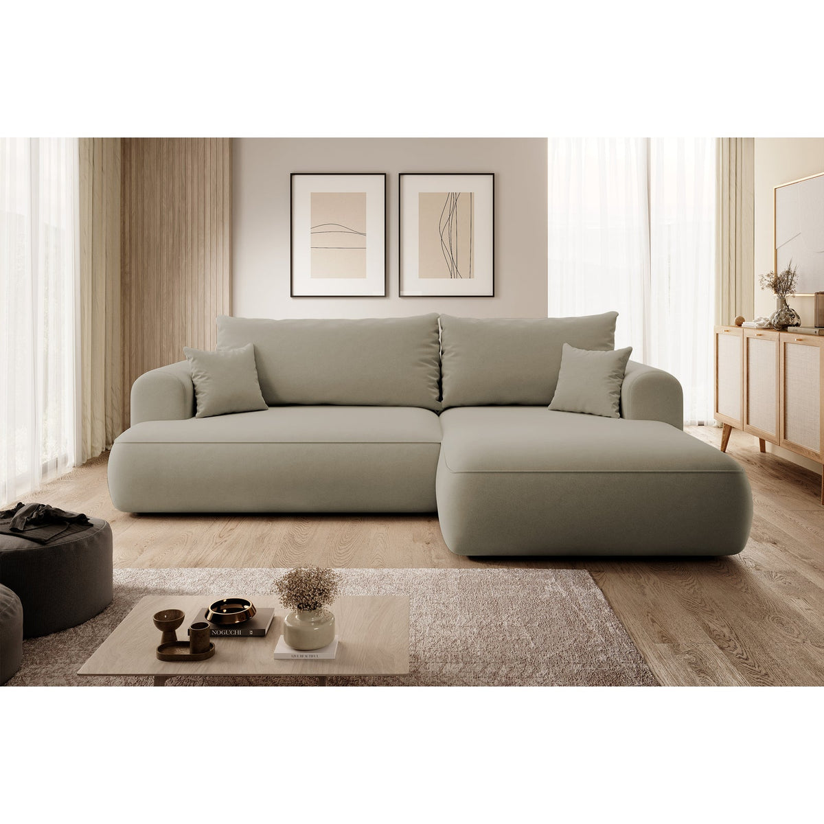 Kampinė sofa CORMAC, smėlinė, dešinė veliūro – spalvos pavyzdys