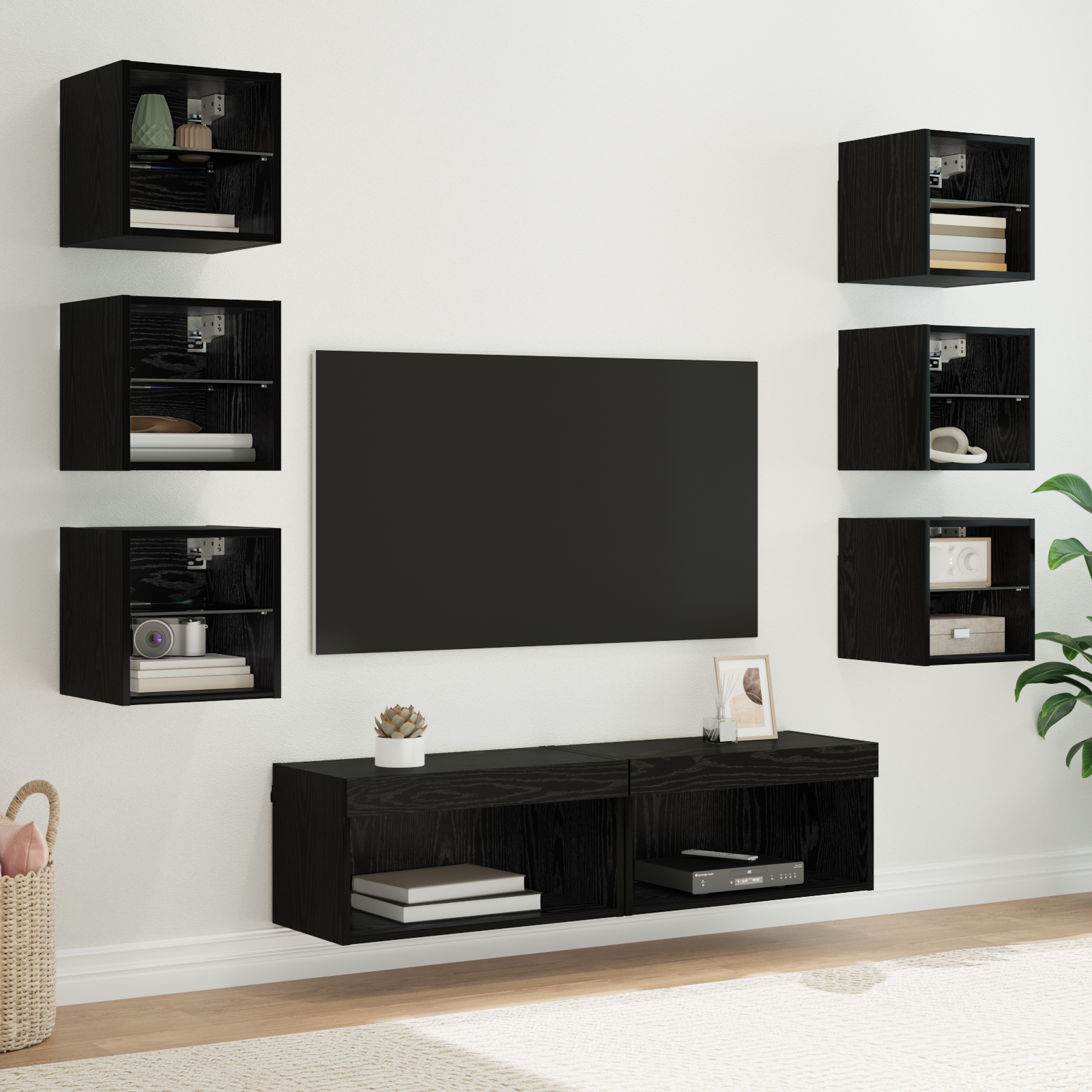 TV Cabinet with Drawers 8 pcs Black Oak Glass