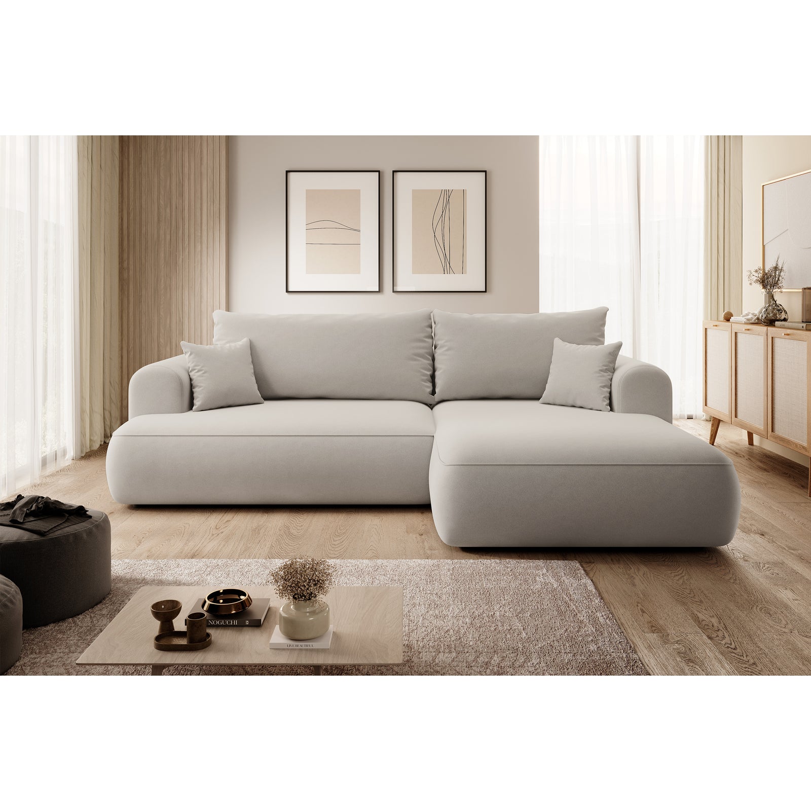 Kampinė sofa-lova OVO, kreminė, dešinė