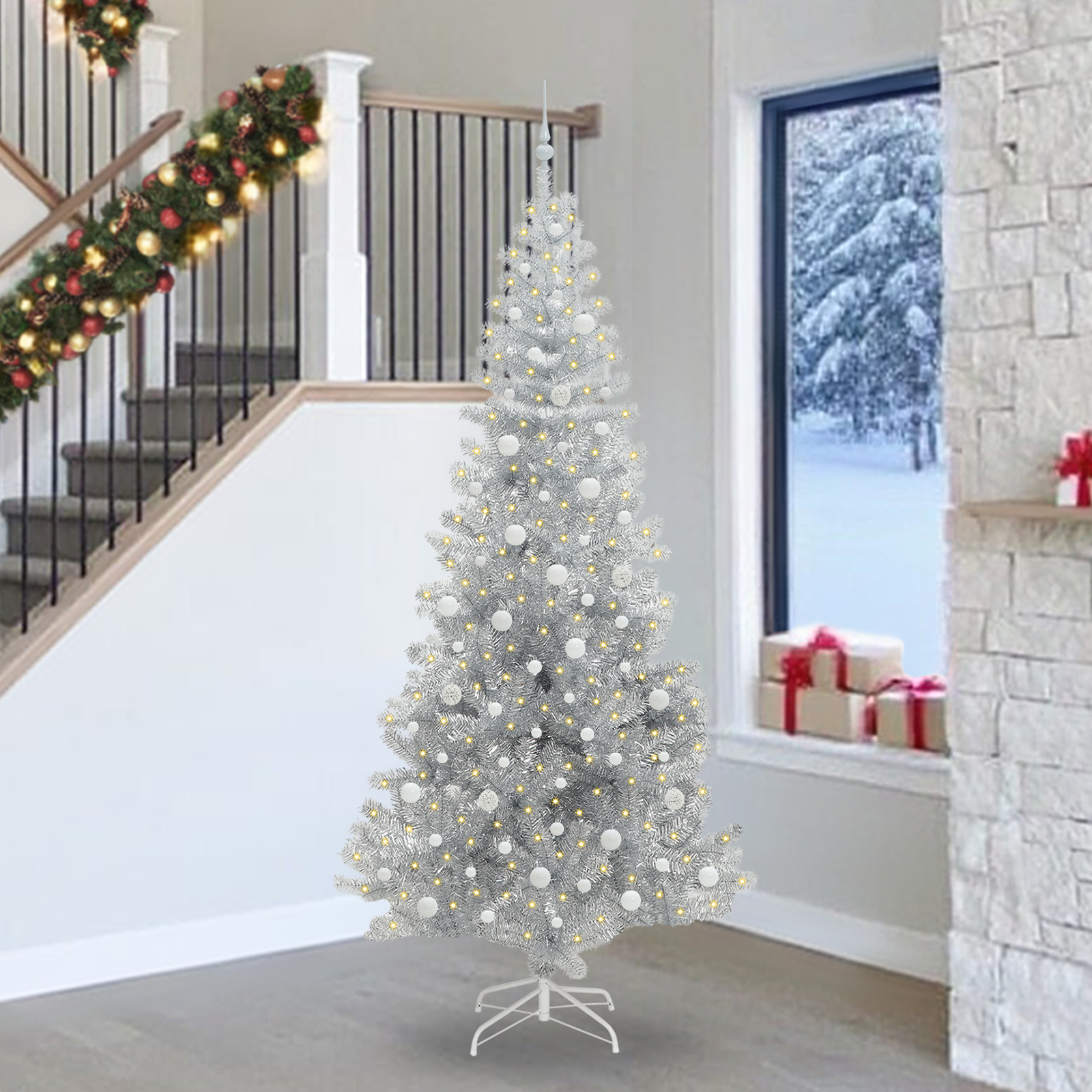 Christmas tree with 300 LED lights and stand Silver 240 cm PET