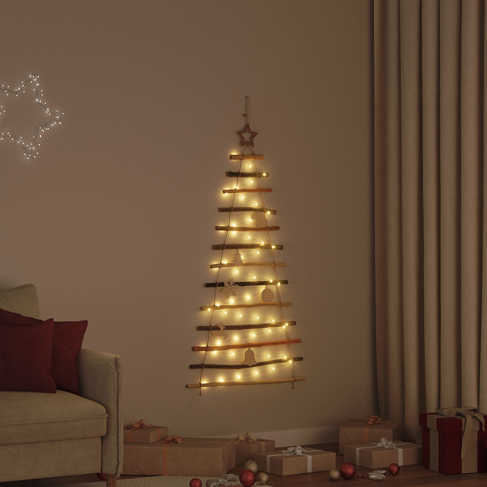 Kalėdų eglutė su 50 LED Natūrali 120 cm masyvi uosio mediena