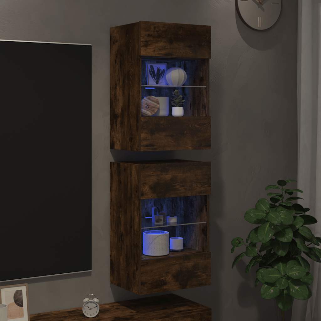 Sieninės spintelės su LED apšvietimu televizoriui, 2vnt., dūminės, 40x30x60,5cm