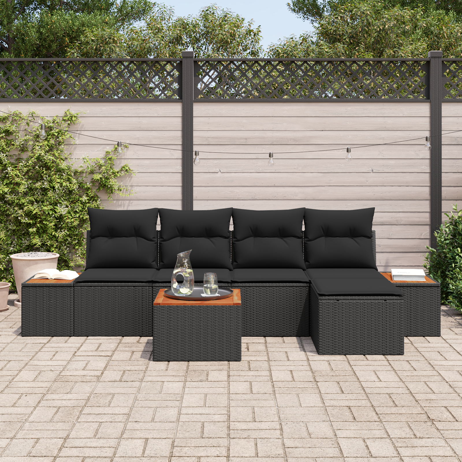 6 Dalių Sodo Sofa Komplektas su Pagalvėmis Juodas Poli Ratanas Akacijos
