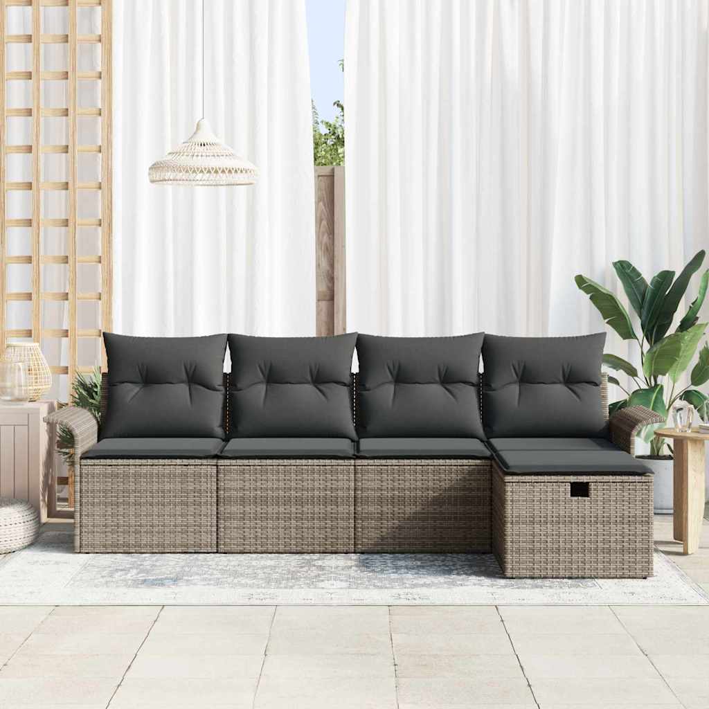 5 Dalių Sodo Sofa Rinkinys su Pagalvėmis Pilka Poli Ratanas - Namų Idėja