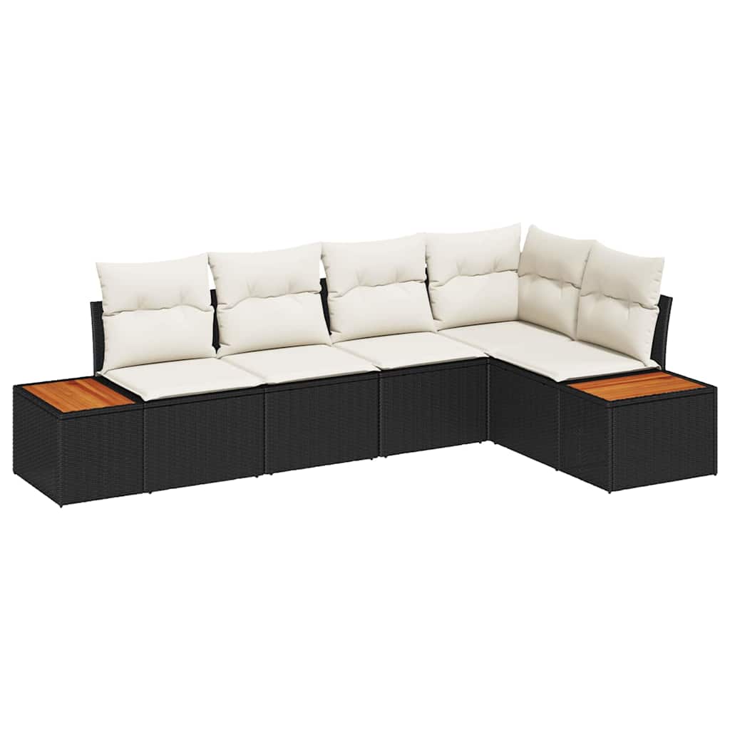 5 dalių sodo sofa su pagalvėlėmis - Juodas poli ratanas ir akacija - Namų Idėja