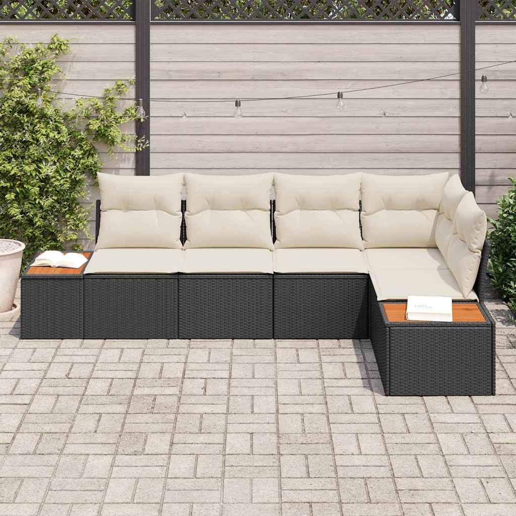 5 dalių sodo sofa su pagalvėlėmis - Juodas poli ratanas ir akacija - Namų Idėja
