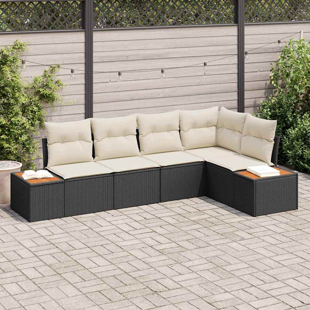 5 dalių sodo sofa su pagalvėlėmis - Juodas poli ratanas ir akacija - Namų Idėja