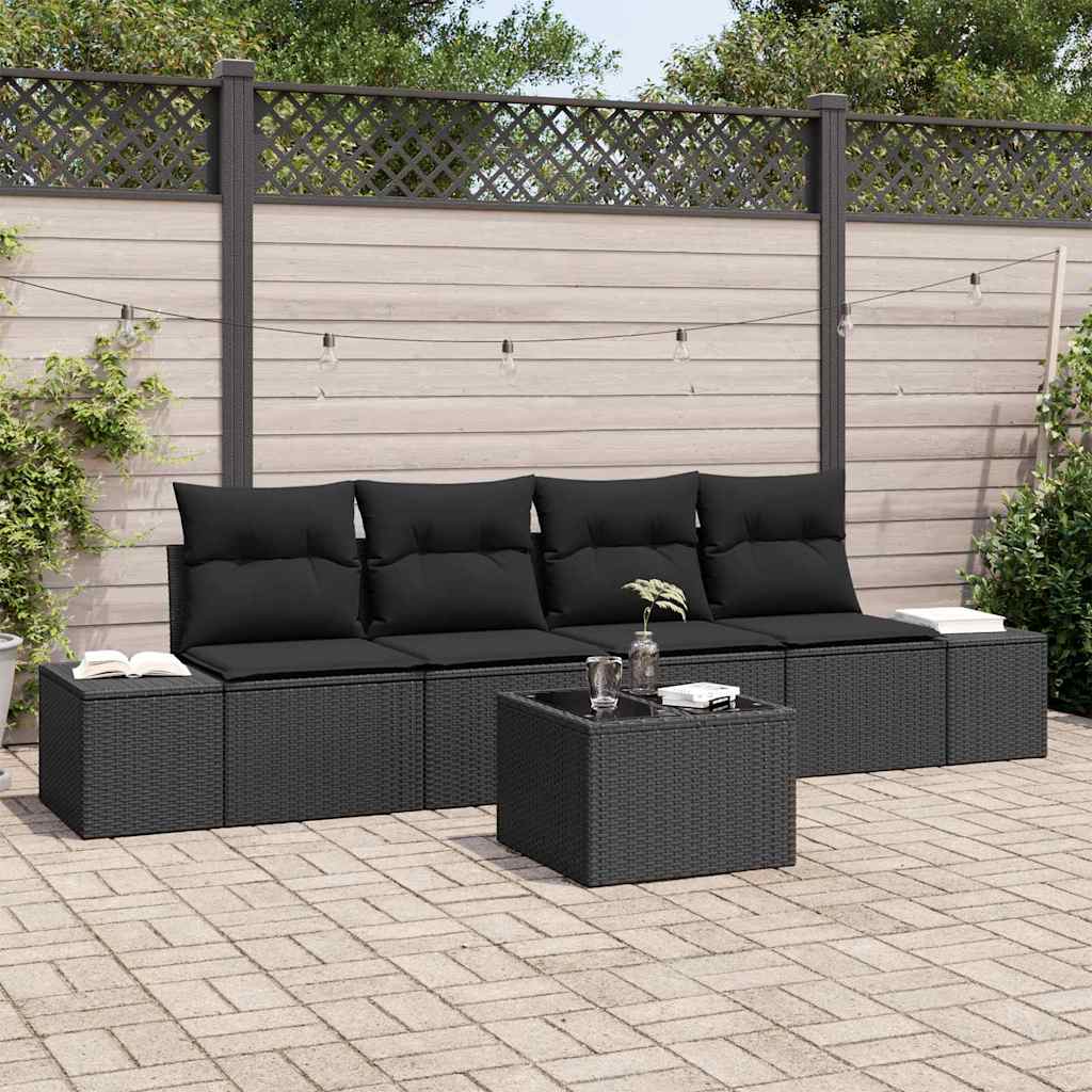 5 dalių sodų sofa rinkinys su pagalvėlėmis, juodas poli ratanas - Namų Idėja