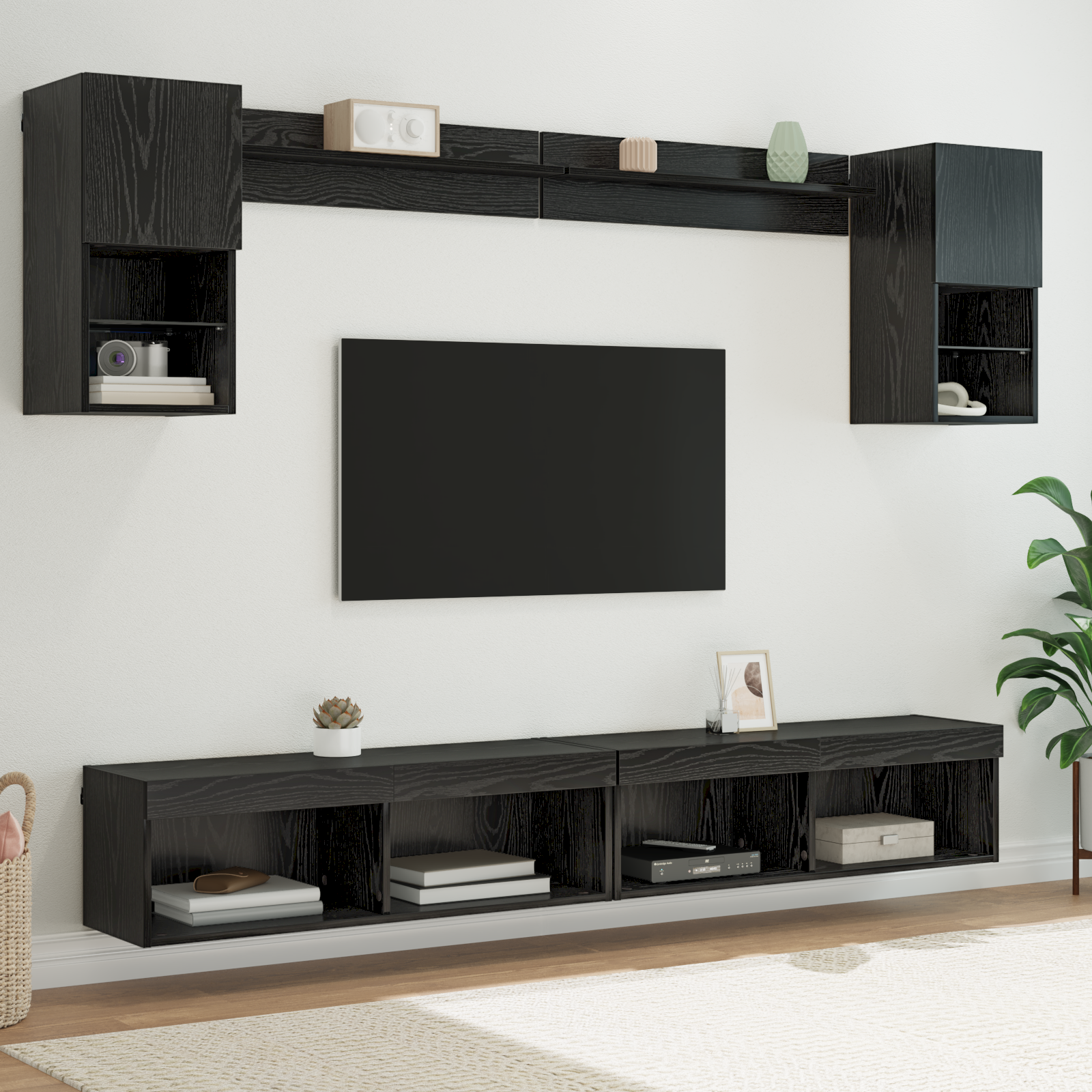 LED sienas TV mēbeļu komplekts ar LED 6 gab. melns ozols