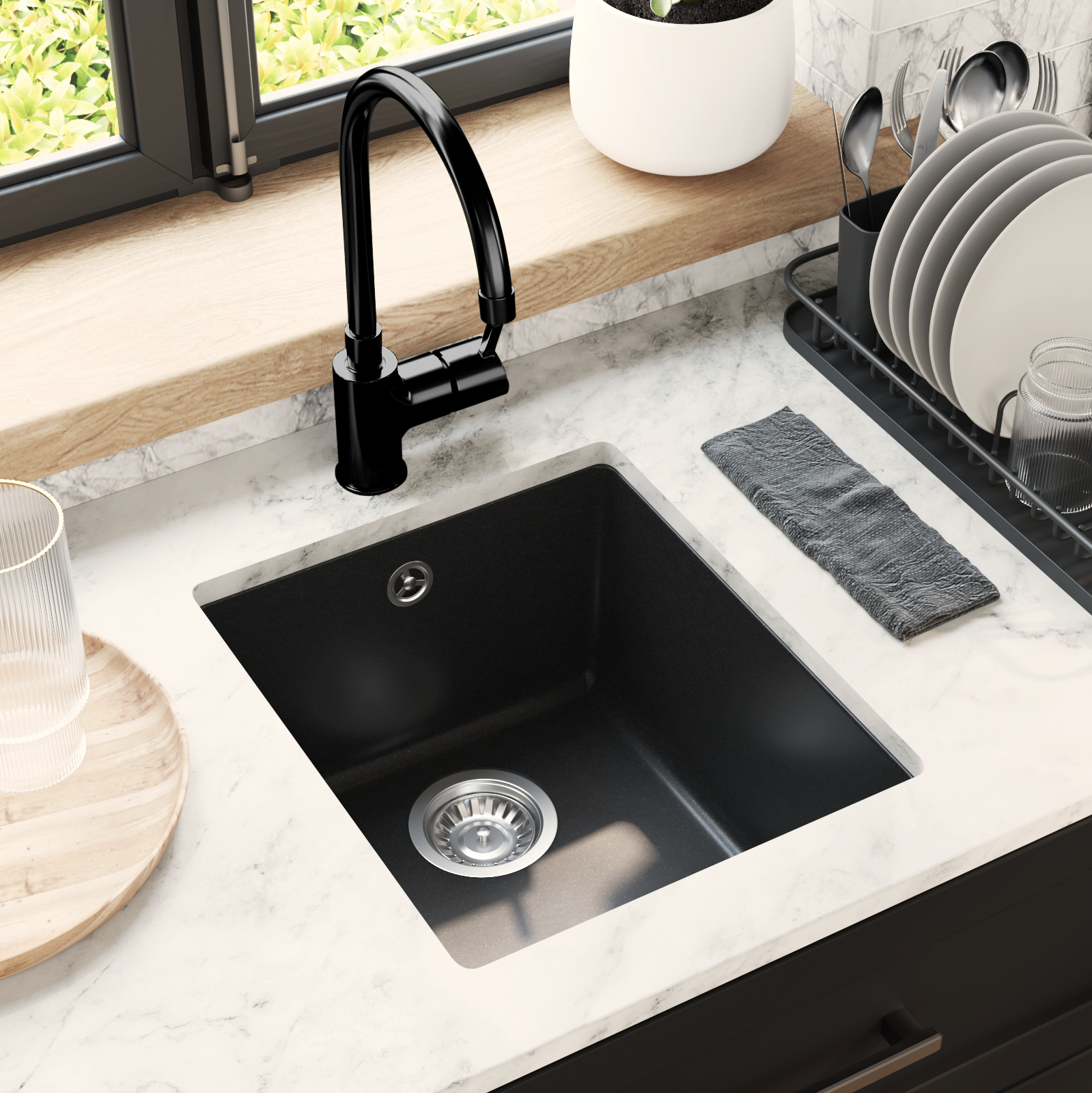 Kriauklė Juoda 370 x 460 mm 80% Kvarcas ir 20% Derva