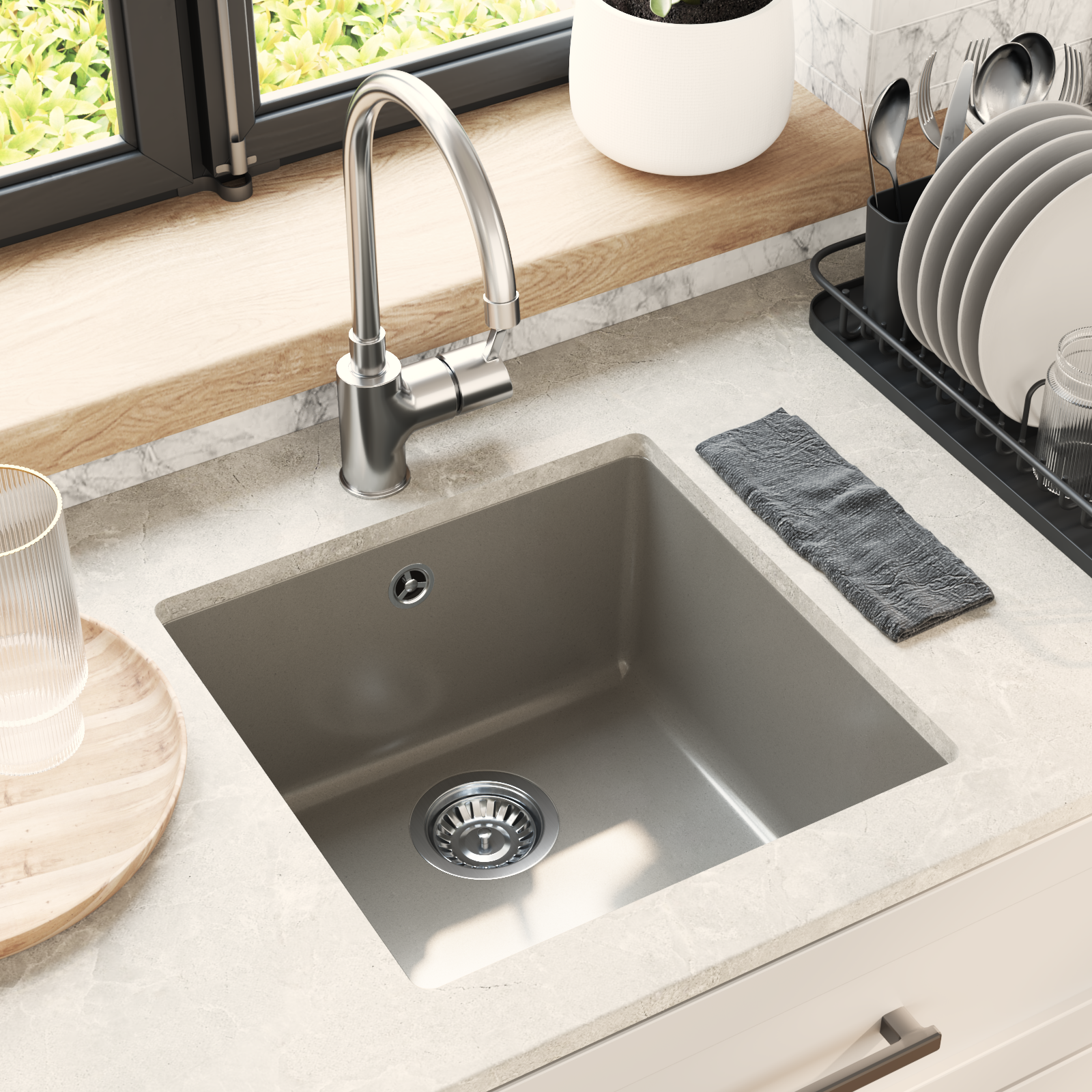 Kriauklė Pilka 430 x 460 mm 80% Kvarcas ir 20% Derva