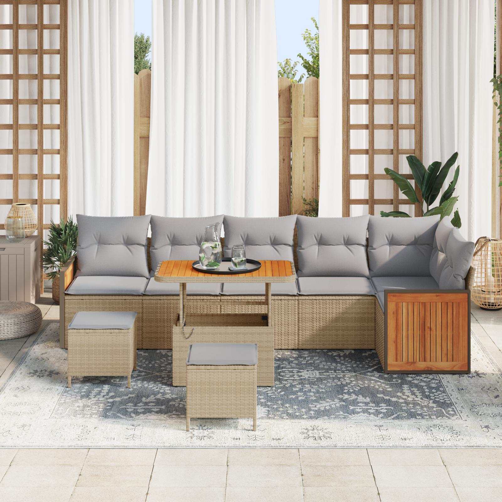 9 dalių sodo sofa komplektas su pagalvėlėmis smėlio ratanas akacija
