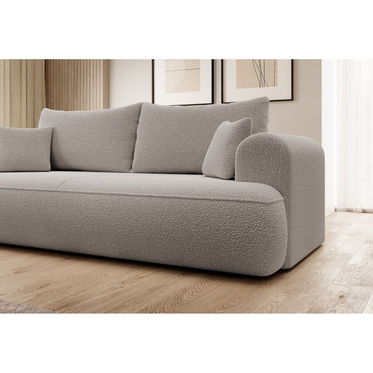 Sofa-lova CORMAC svetainės interjere, tamsiai smėlinė bouclė