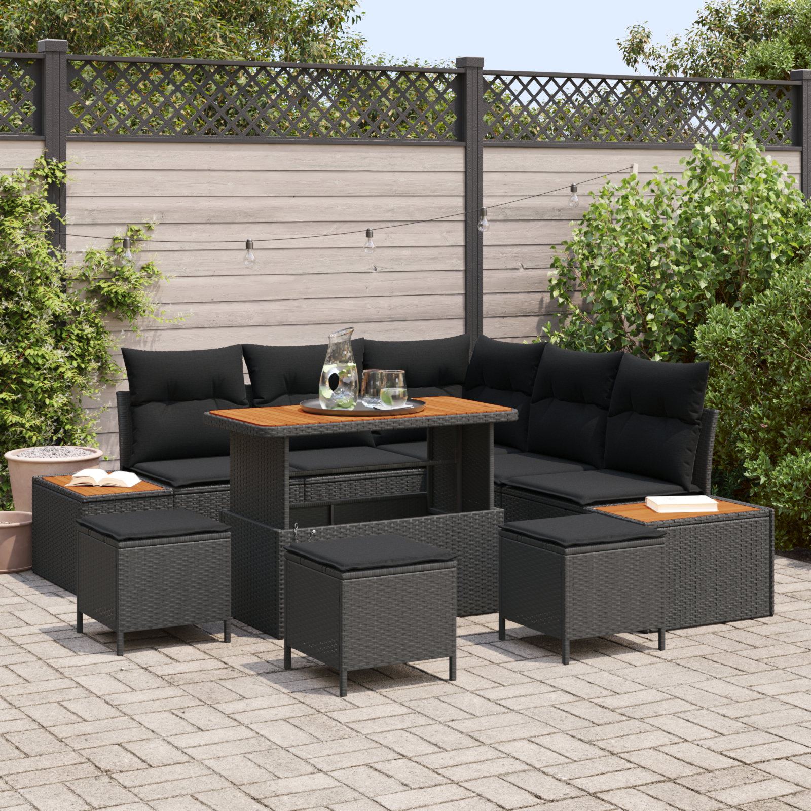 Sodo Sofų Rinkinys su pagalve 9 pcs Juoda Poli ratanas