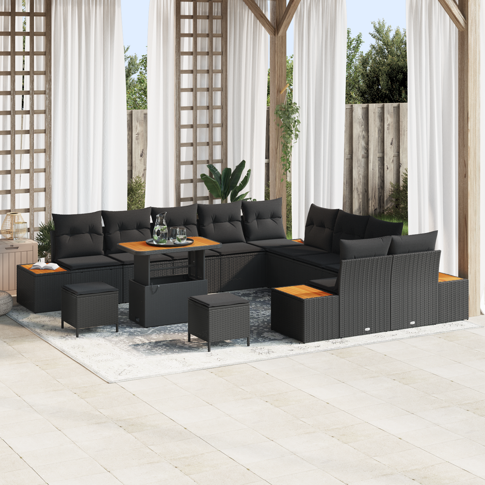 13-Piece Garden Sofa Set with Cushions Black Poly Rattan Acacia