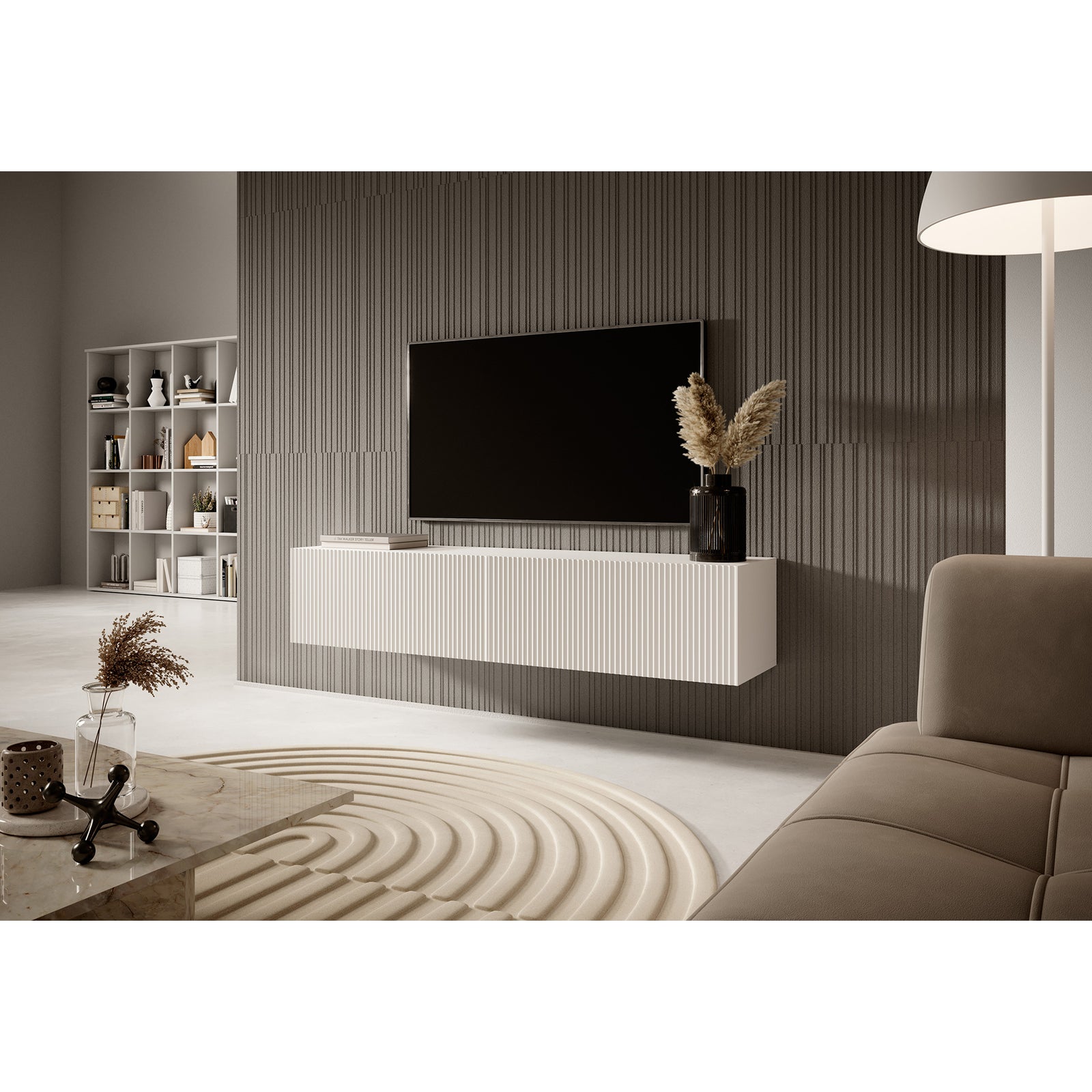 TV staliukas VELDIO, balta, 140 cm, pakabinamas