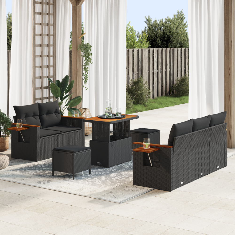 8-piece Garden Sofa Set with Cushions Black Poly Rattan Acacia